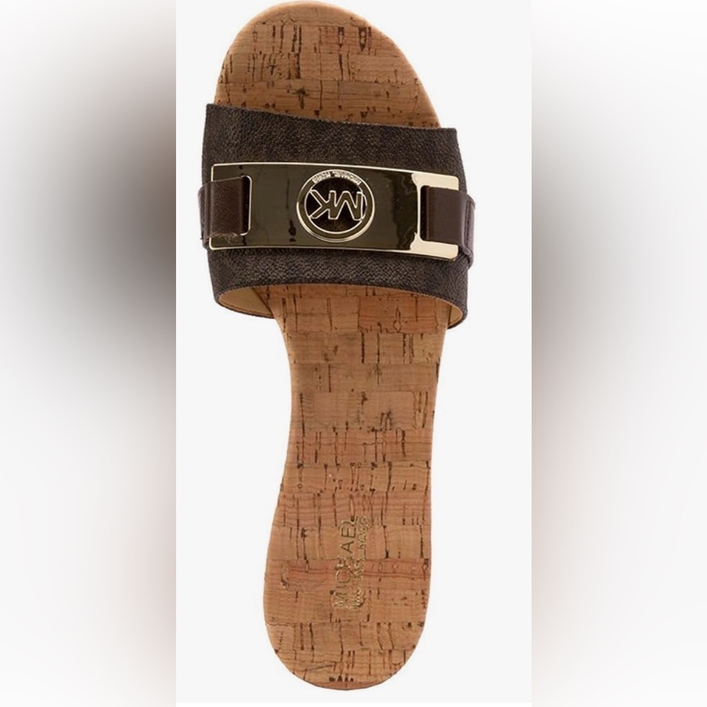 •MICHAELKORS•LUGGAGE BROWN WARREN MONOGRAM PLATFORM WEDGE &GOLD LOGO SIZE 8/38EU